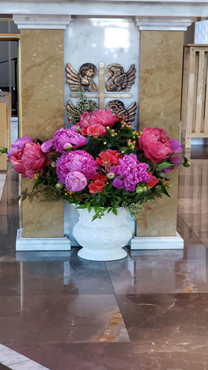 Assorted Peonies, Red Godetia, Pink Hypericum, & Bamboo Nandina
